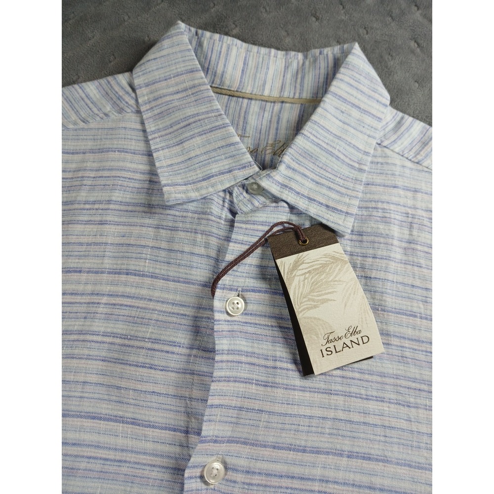 NEWTasso Elba Island Mens Large Blue White Striped 100% Linen Short Sleeve Shirt